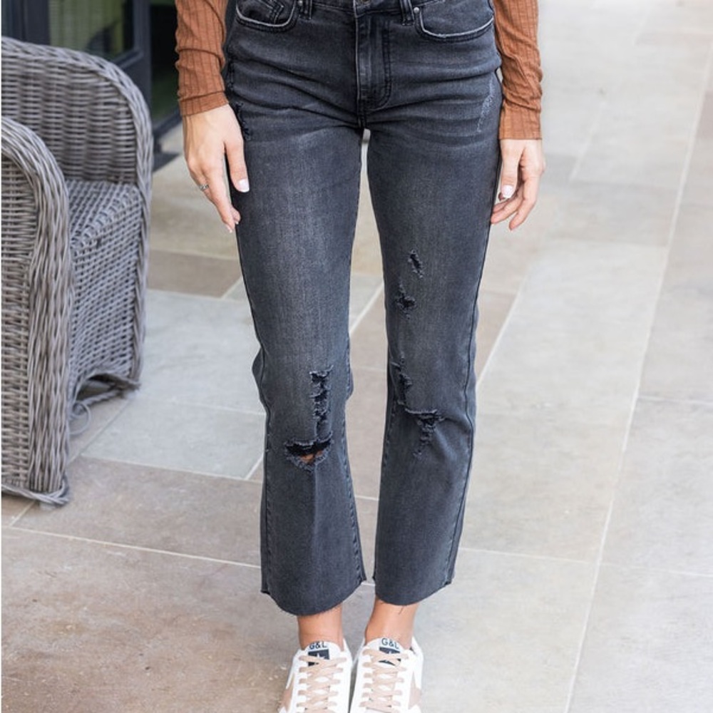 Grace & Lace Mel’s Fave Distressed Straight Leg Cropped Denim, Washed Black